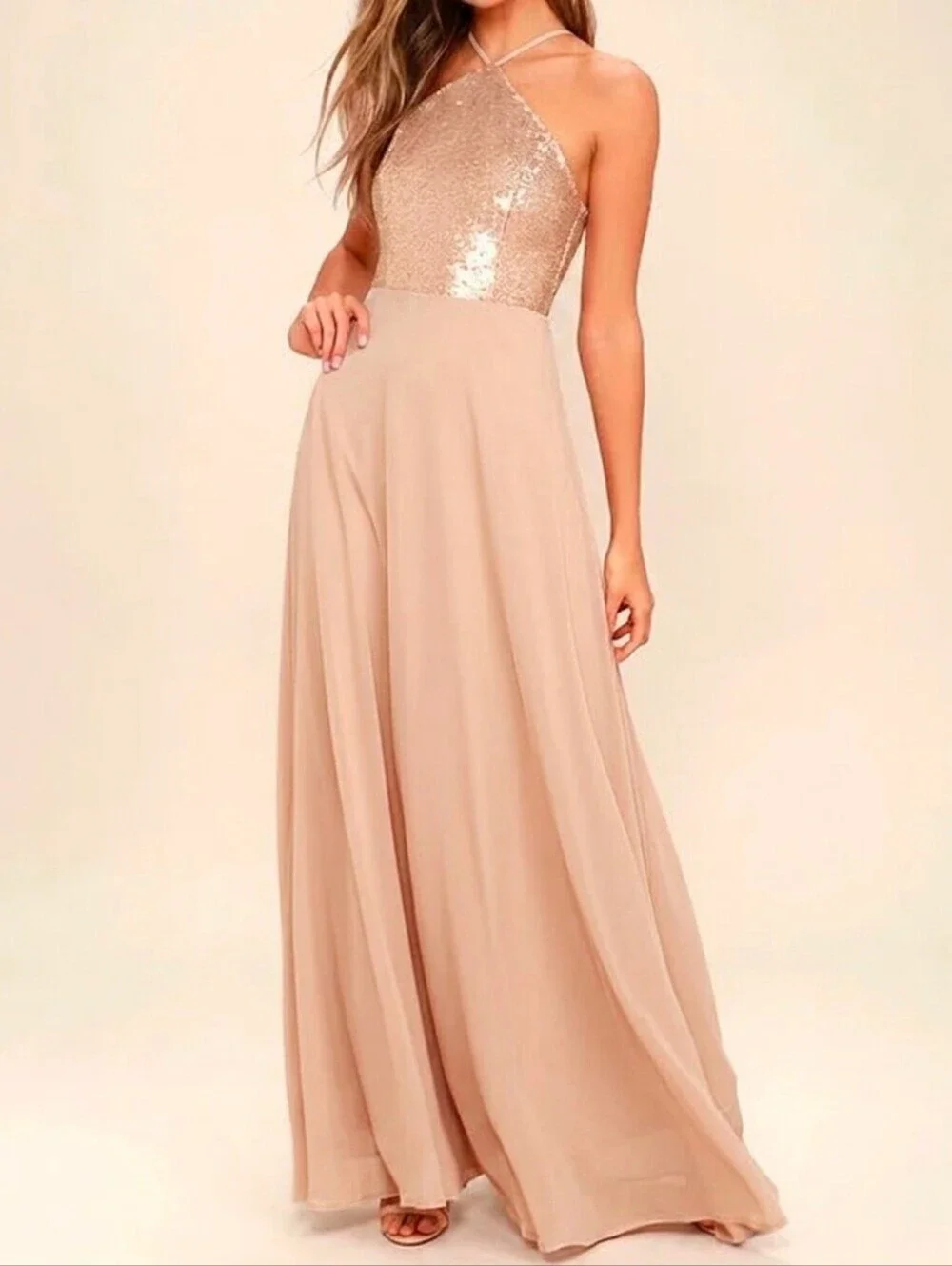 Lulus | Dresses | Lulus The Best Part Matte Gold Blush Champagne Sequin Halter Maxi Dress Xs